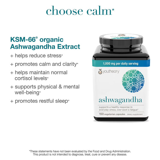 Youtheory Ashwagandha 150 Veg Caps, 1000mg Per Serving