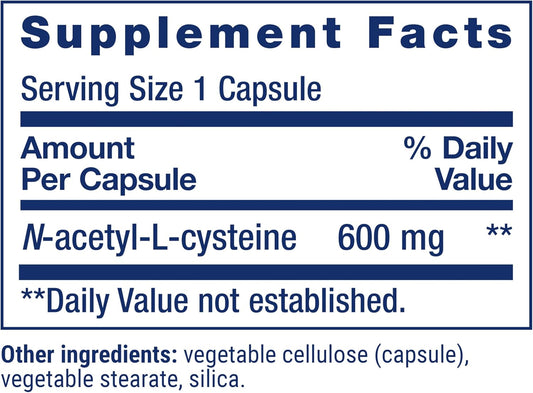 Life Extension N - Acetyl - L - Cysteine, 600 mg, 60 capsules - Mann Nutrition
