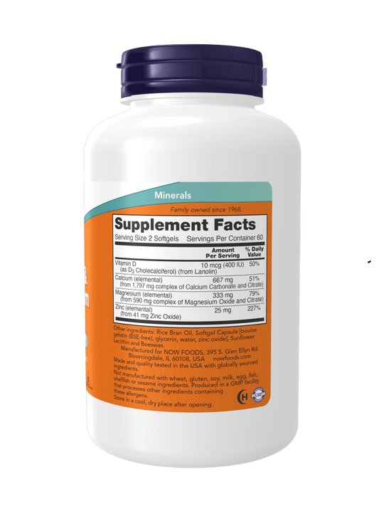 Now Calcium & Magnesium with Vit - D & Zinc (120 Softgels) - Mann Nutrition