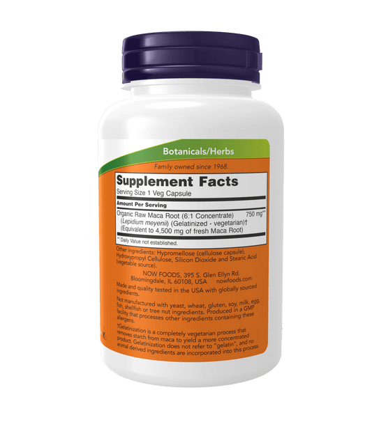 Now Maca 750 mg Raw Veg Capsules - Mann Nutrition