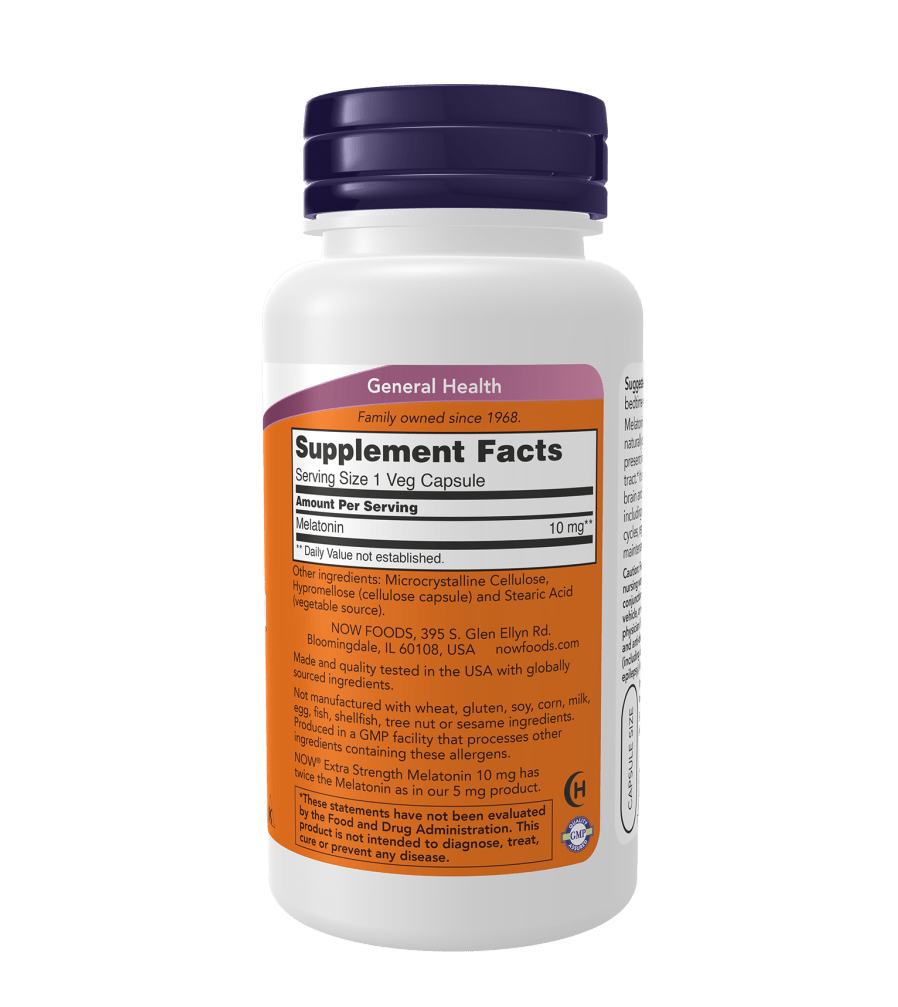 Now Melatonin, Extra Strength 10 mg - 100 Veg Capsules - Mann Nutrition