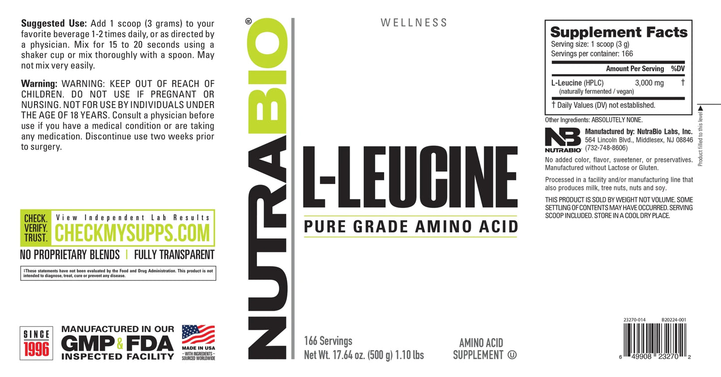 Nutrabio L - Leucine Pure Grade Amino Acid - 500 gms - Mann Nutrition