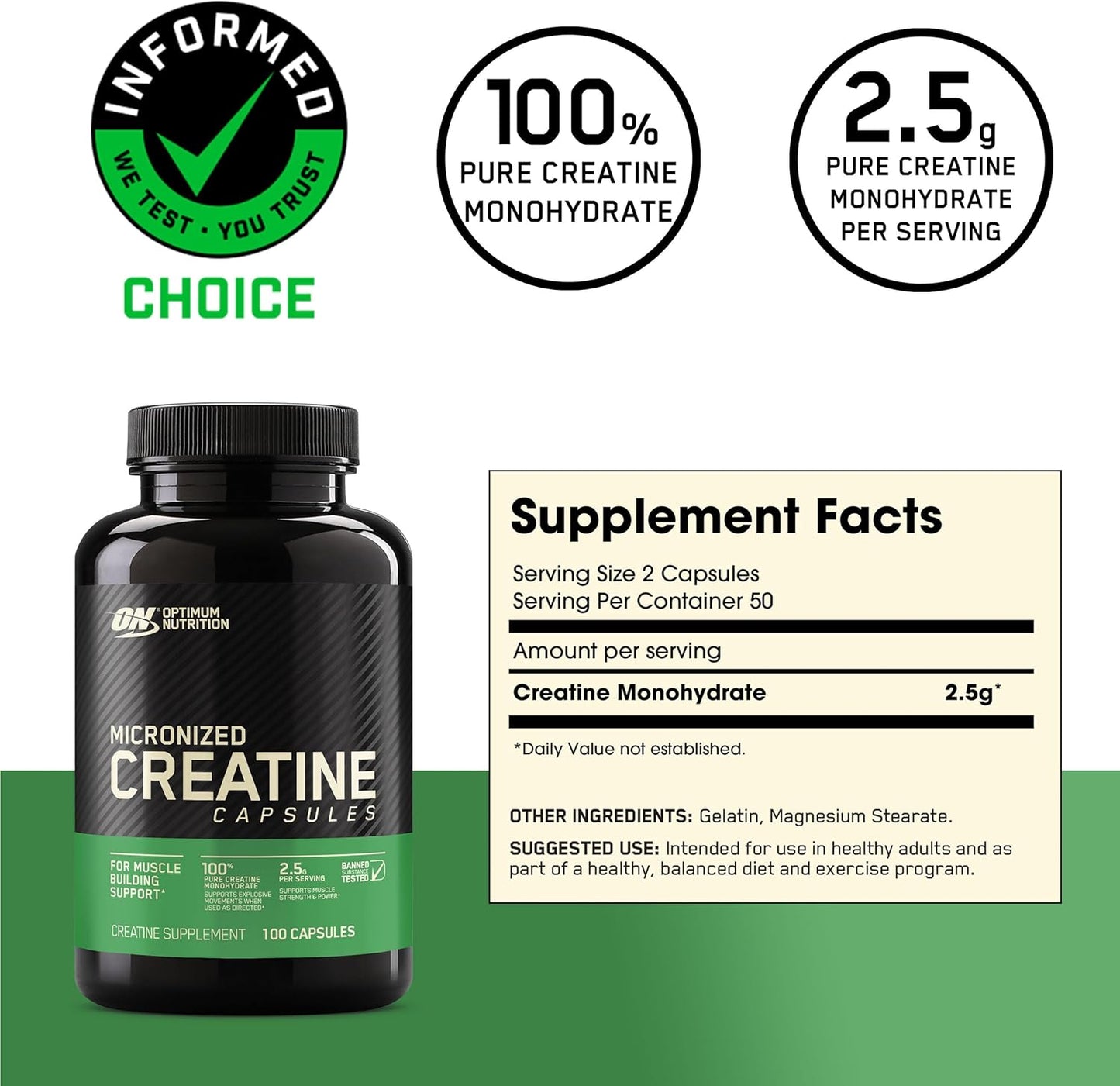 Optimum Nutrition Micronized Creatine Monohydrate Capsules - 2500mg, 100 Capsules - Mann Nutrition