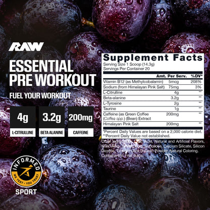 RAW Nutrition Essential Pre-Workout – 20 Servings | Sour Grape