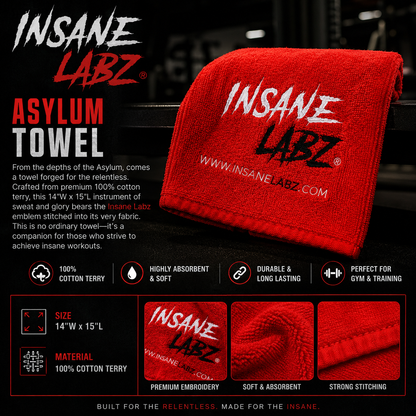 Insane Labz Asylum Gym Towel – Red, 100% Cotton Terry, 14" x 15"