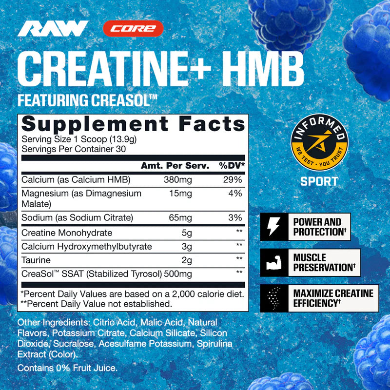RAW Nutrition Creatine + HMB Powder | 5g Creatine Monohydrate + Recovery Support | 30 Servings
