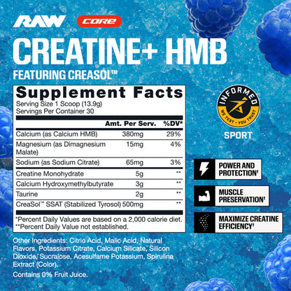 RAW Nutrition Creatine + HMB Powder | 5g Creatine Monohydrate + Recovery Support | 30 Servings