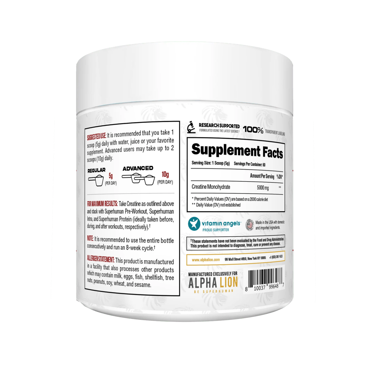 Alpha Lion Creatine Monohydrate – 5g Creatine, Unflavored, 60 Servings