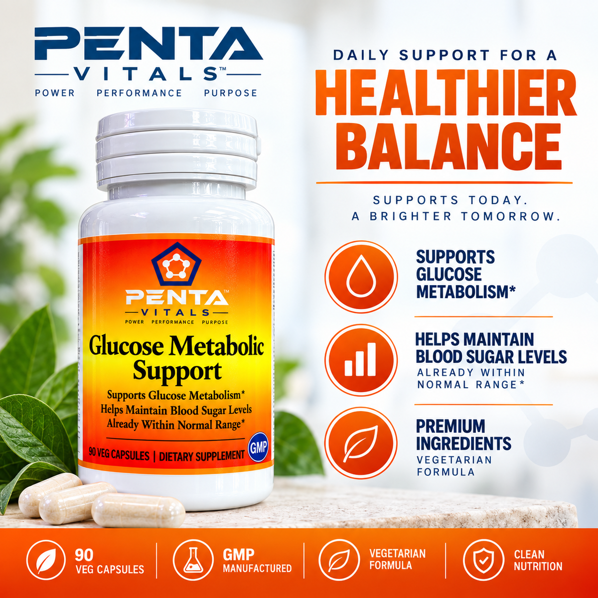 Penta Vitals Glucose Metabolic Support – Blood Sugar & Glucose Metabolism Support | 90 Veg Capsules