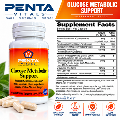 Penta Vitals Glucose Metabolic Support – Blood Sugar & Glucose Metabolism Support | 90 Veg Capsules