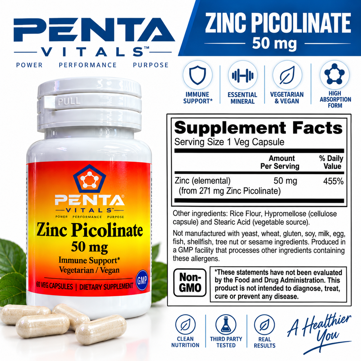 Penta Vitals Zinc Picolinate 50mg – Immune Support | 60 Veg Capsules
