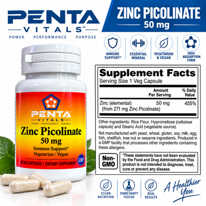 Penta Vitals Zinc Picolinate 50mg – Immune Support | 60 Veg Capsules