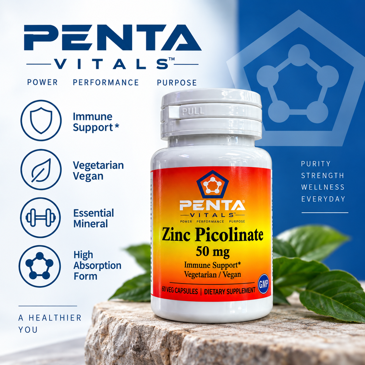 Penta Vitals Zinc Picolinate 50mg – Immune Support | 60 Veg Capsules