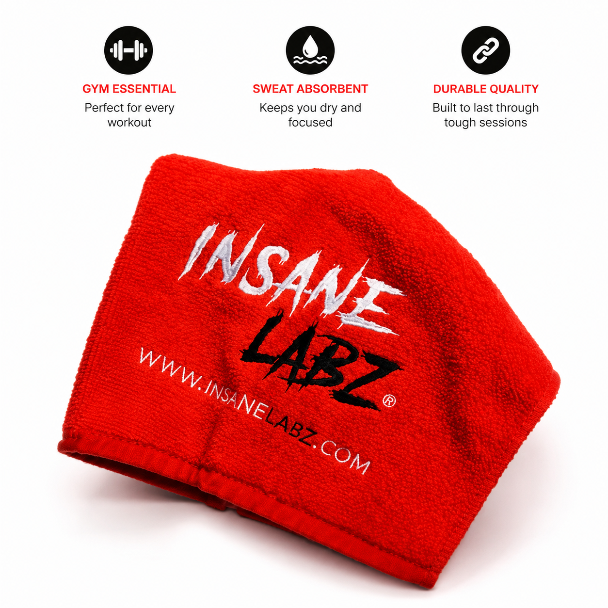 Insane Labz Asylum Gym Towel – Red, 100% Cotton Terry, 14" x 15"