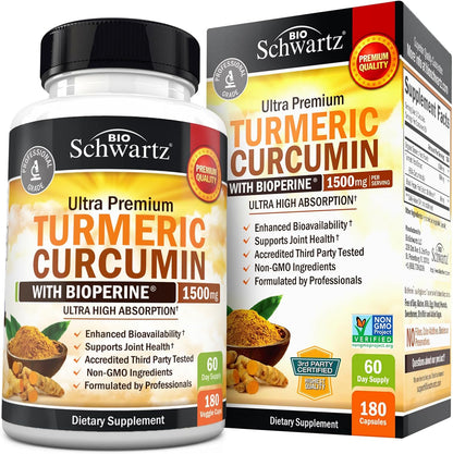 Bio Schwartz Turmeric Curcumin with Black Pepper Extract 1500mg - 180 Capsules  - Mann Nutrition