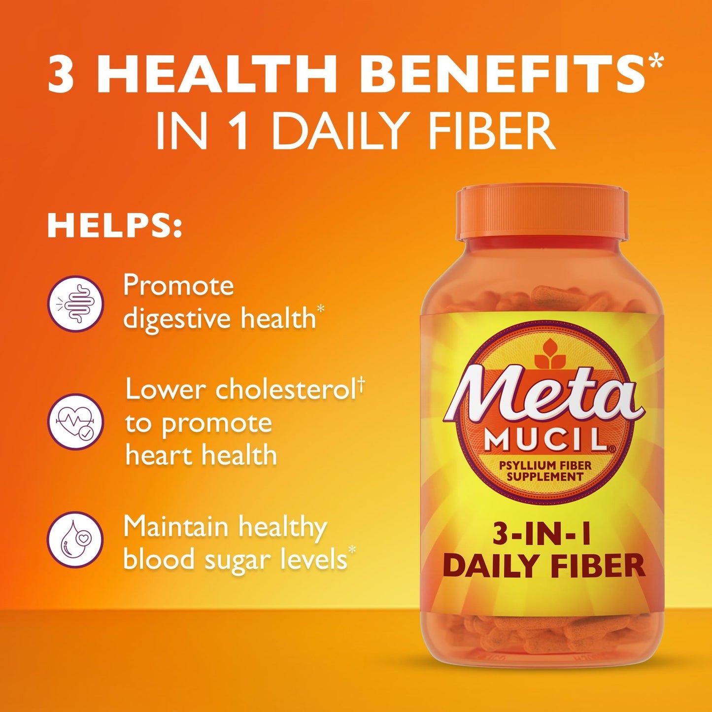 Meta Mucil 3 in 1 Psyllium Fiber Supplement - 300 Capsules  - Mann Nutrition