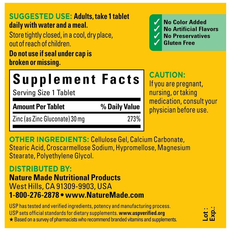 Nature Made Zinc 30mg | 100 Tablets - Mann Nutrition