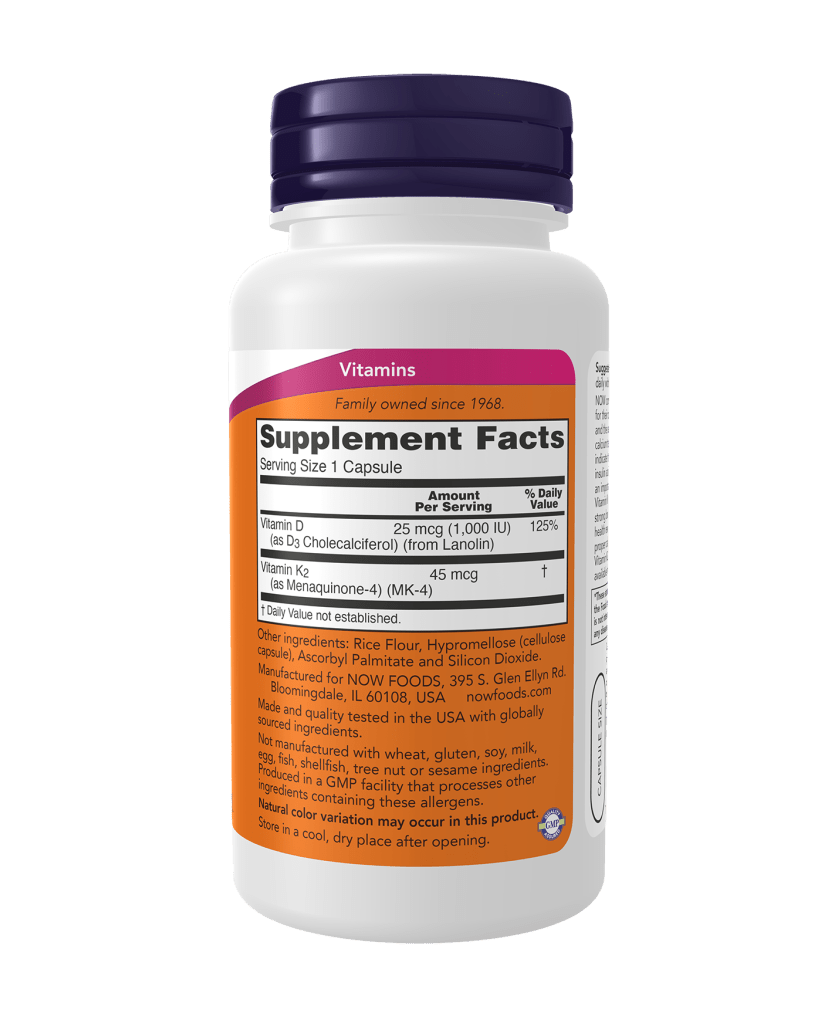 Now D3 1000iu & K2 45mcg - 180 Caps - Mann Nutrition
