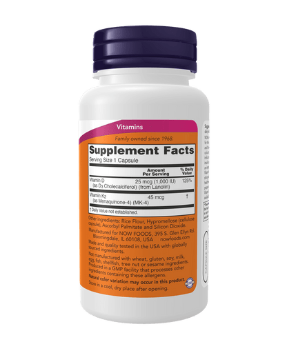 Now D3 1000iu & K2 45mcg - 180 Caps - Mann Nutrition