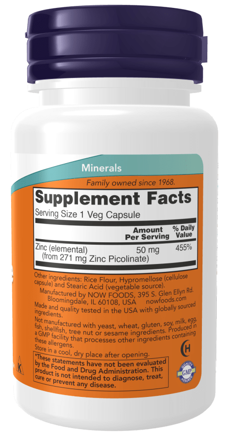 Now Foods Zinc Picolinate 50 mg 60 Veg Capsules - Mann Nutrition