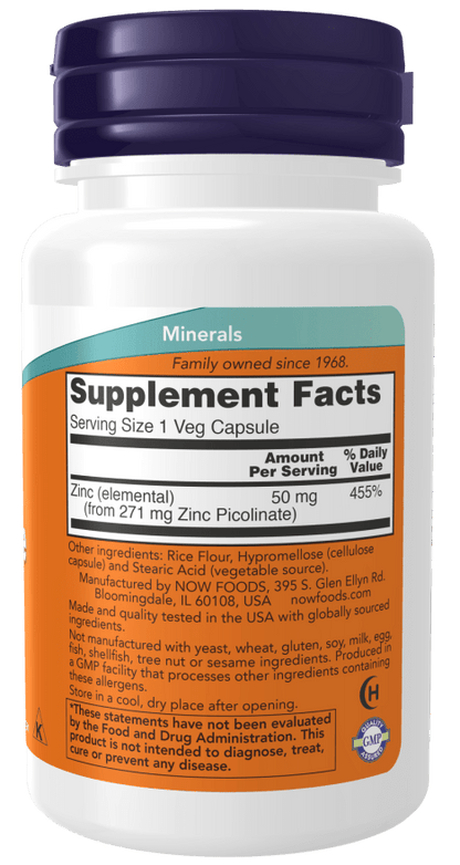 Now Foods Zinc Picolinate 50 mg 60 Veg Capsules - Mann Nutrition