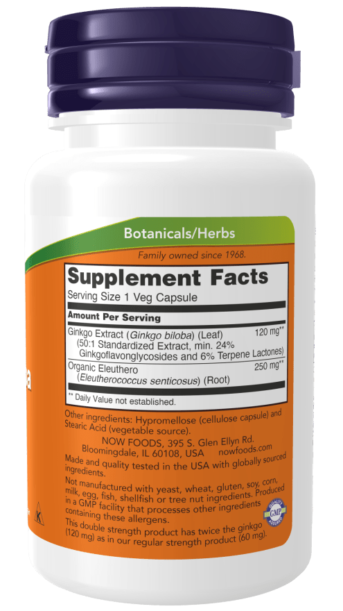 Now Ginkgo Biloba, Double Strength 120 mg Veg Capsules - Mann Nutrition