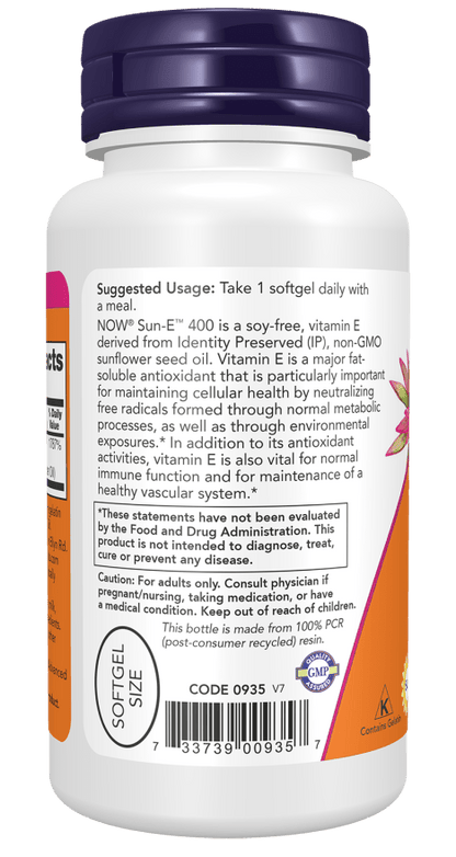 Now Sun - E 400 400IU Vitamin E - 60 Softgels  - Mann Nutrition