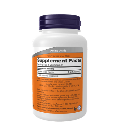 Now Taurine, Double Strength 1000 mg 100 Veg Capsules - Mann Nutrition