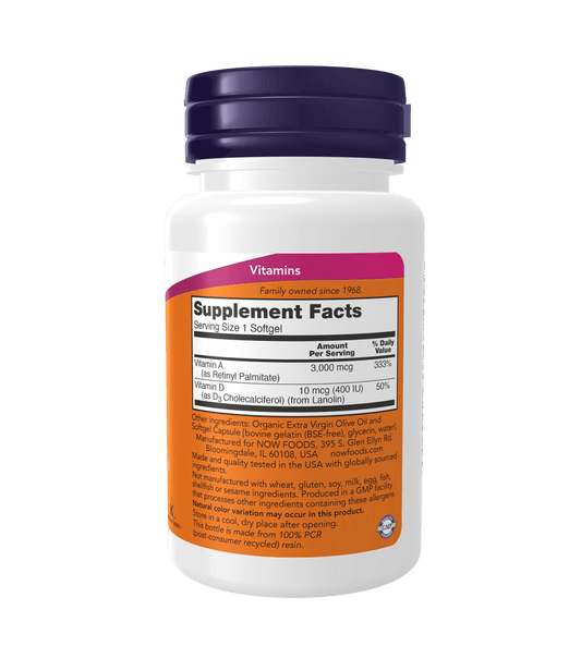 Now Vitamin A & D 10,000/400 IU Softgels - 100 Softgels - Mann Nutrition