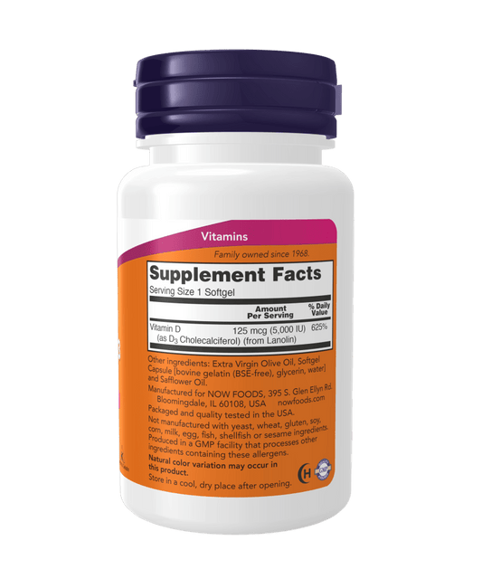 Now Vitamin D3 5000 IU (180 Softgels) - Mann Nutrition