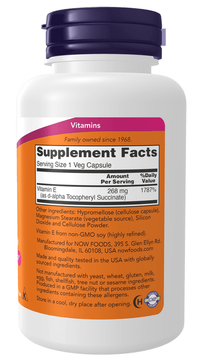 Now Vitamin E-400 Vegetarian Dry Veg Capsules (100 Caps) - Mann Nutrition