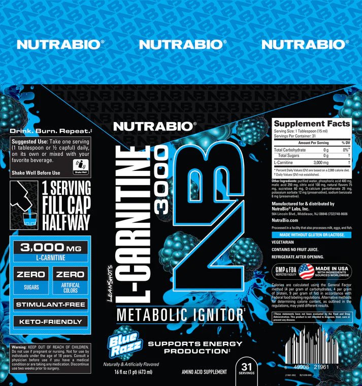 Nutra Bio LeanShots Liquid L - Carnitine Shot (3000mg) - Mann Nutrition