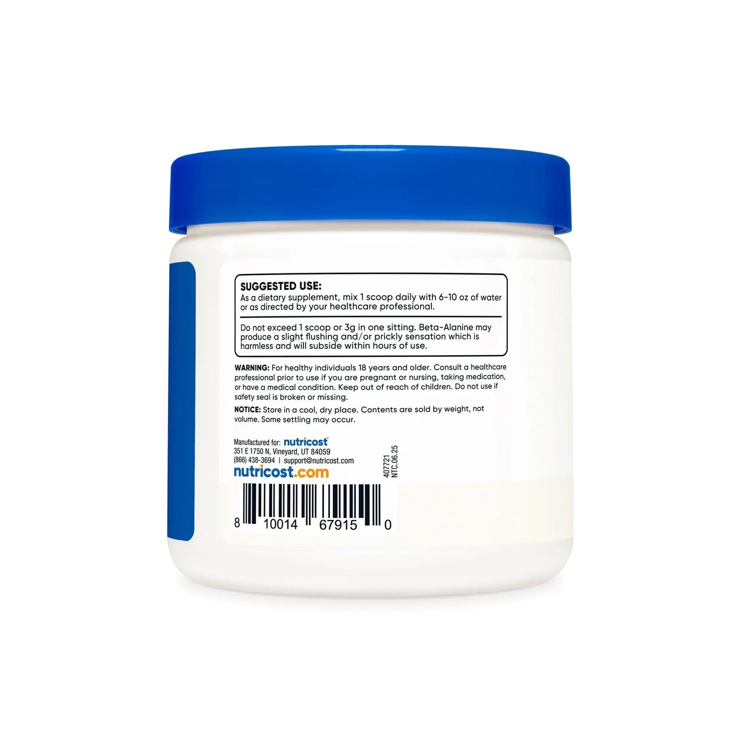 Nutricost Pure Beta Alanine Powder, 3g Per Scoop, Non - GMO & 3rd Party Tested  - Mann Nutrition