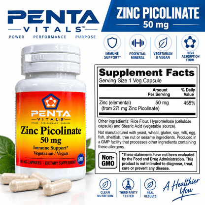 Penta Vitals Zinc Picolinate 50mg – Immune Support | 60 Veg Capsules - Mann Nutrition