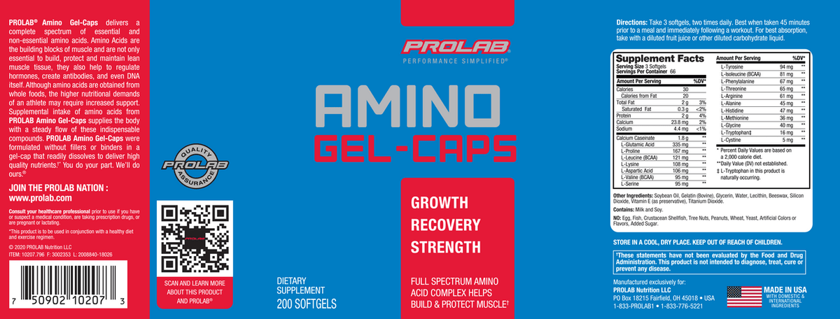 Prolab Nutrition Amino Gel Caps (200 Count) PL014- Mann Nutrition