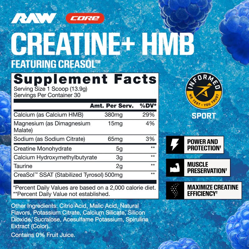 RAW Nutrition Creatine + HMB Powder | 5g Creatine Monohydrate + Recovery Support | 30 Servings - Mann Nutrition