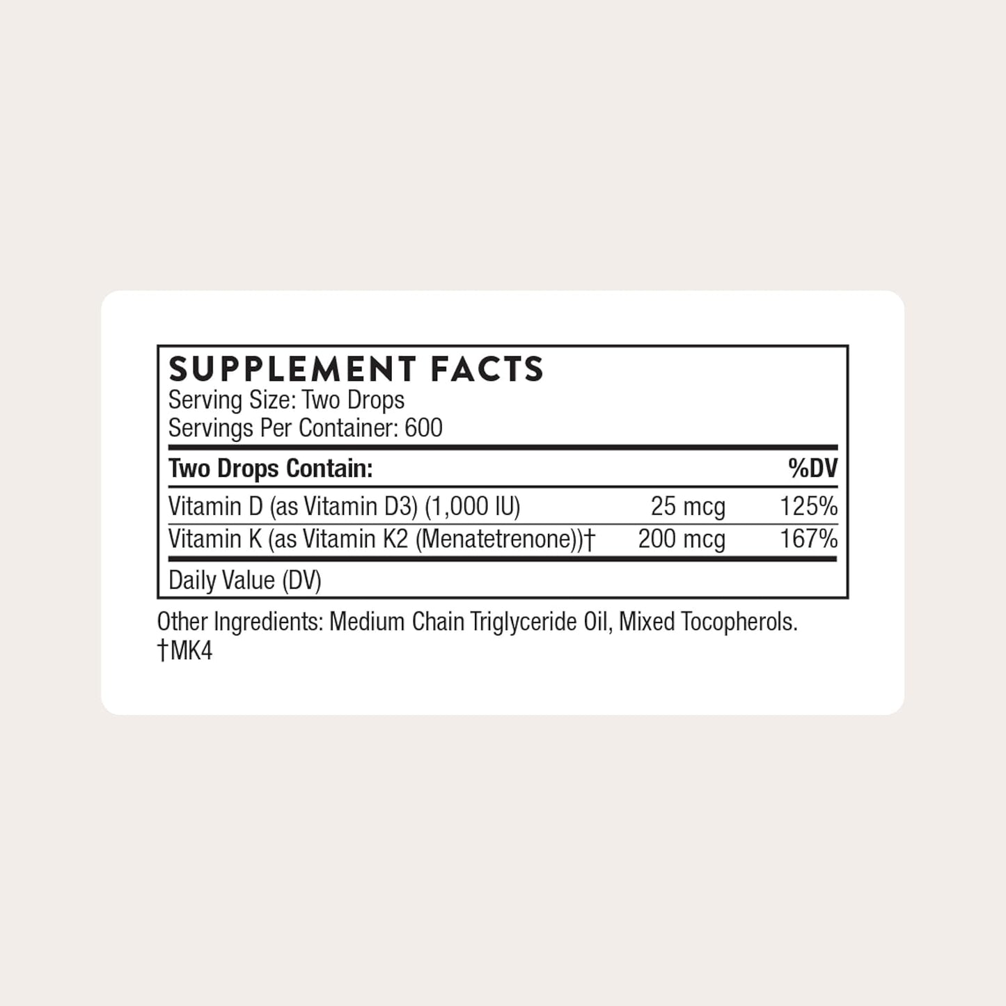 THORNE - Vitamin D + K2 Liquid - 1 Fl Oz (30 ml) - 600 Servings  - Mann Nutrition