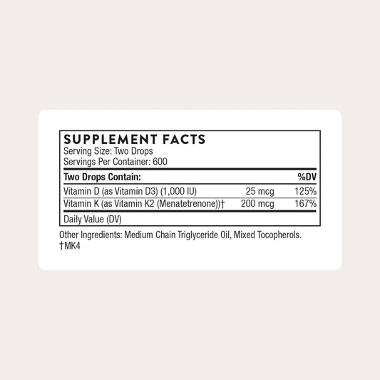 THORNE - Vitamin D + K2 Liquid - 1 Fl Oz (30 ml) - 600 Servings  - Mann Nutrition